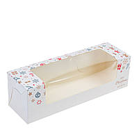 Коробка 200х60х60 для макаронс з боковим вікном "Новорічна", бежева