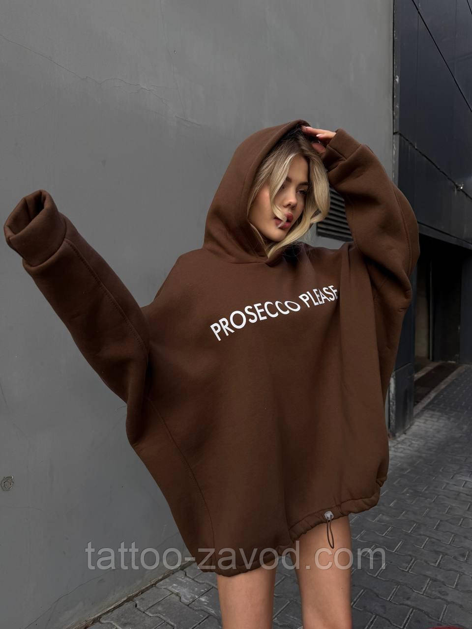Худі об'ємне оверсайз із написом на грудях PROSECCO PLEASE з капюшоном тринитка на флісі, фото 1