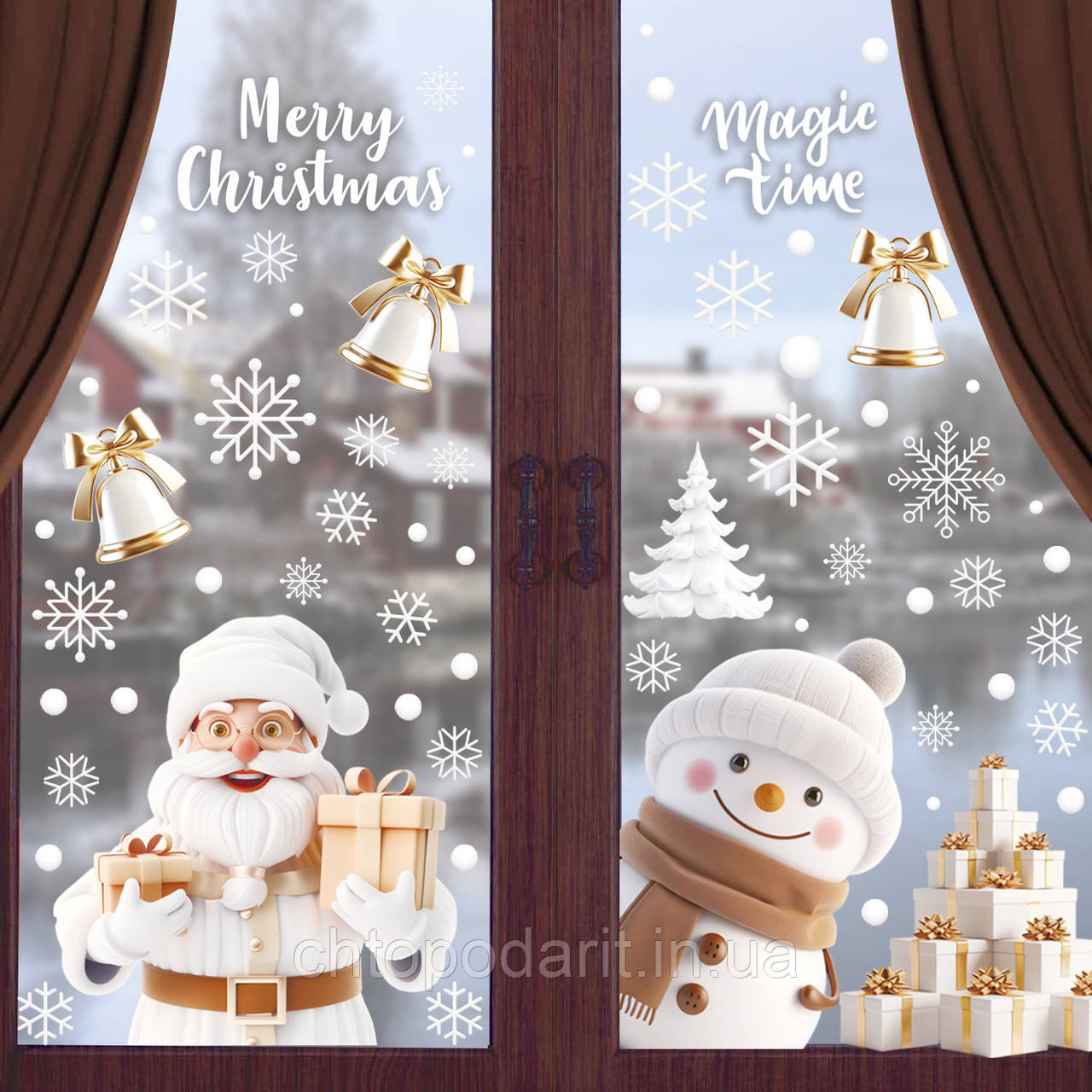 Наклейки новорічні багаторазові прикраси на вікна Новий рік, Різдво Дизайн №4 Код 00-0702, фото 1