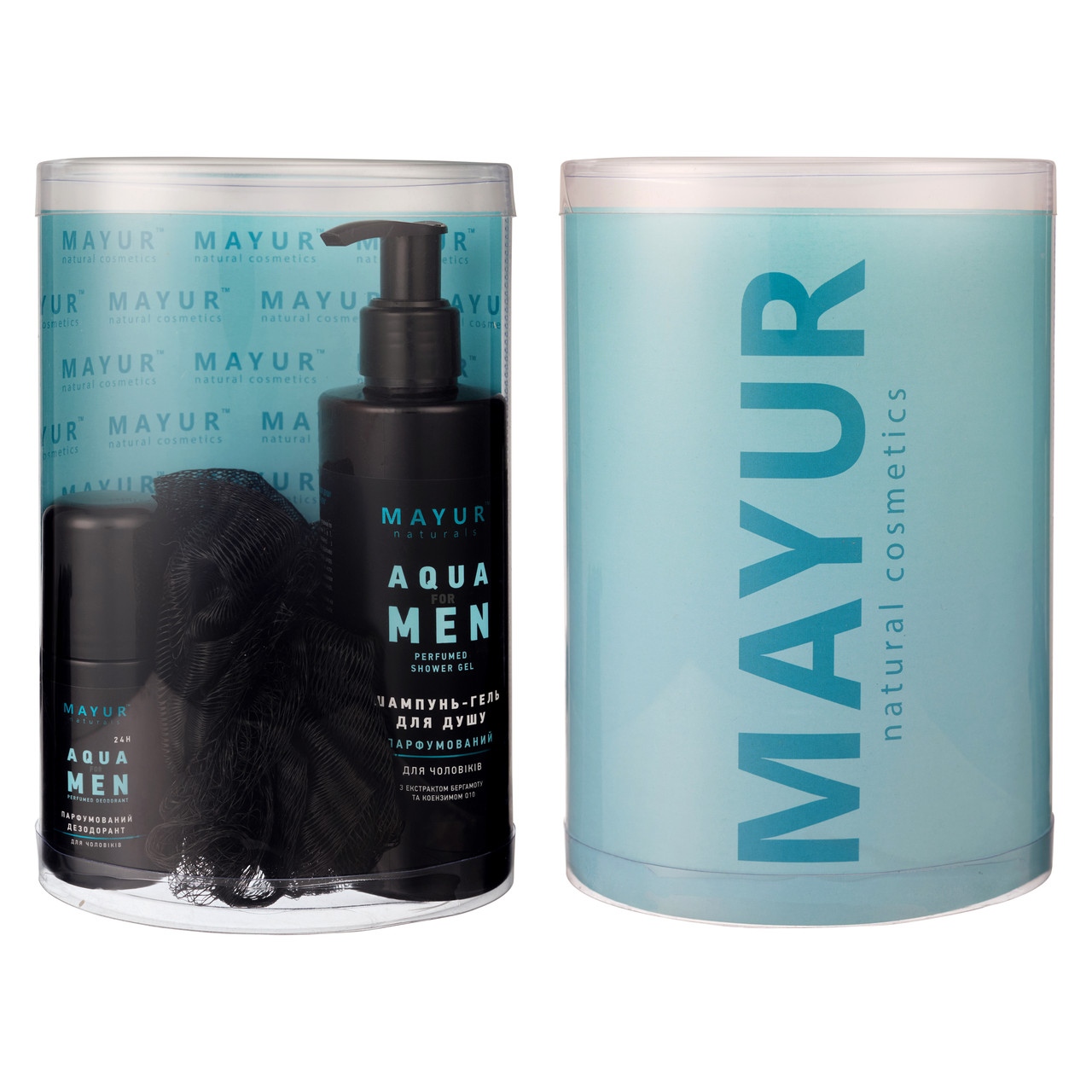 Подарунковий чоловічий набір для тіла і волосся "Aqua for man" (шампунь-гель, дезодорант, мочалка),TM Mayur 7.15