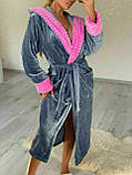 Довгий махровий жіночий халат сіро-рожевий, дуже теплий і ніжний на дотик, фото 8