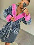 Короткий жіночий халат сіро-рожевого кольору, теплий жіночий халат, фото 8