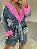 Короткий жіночий халат сіро-рожевого кольору, теплий жіночий халат, фото 3