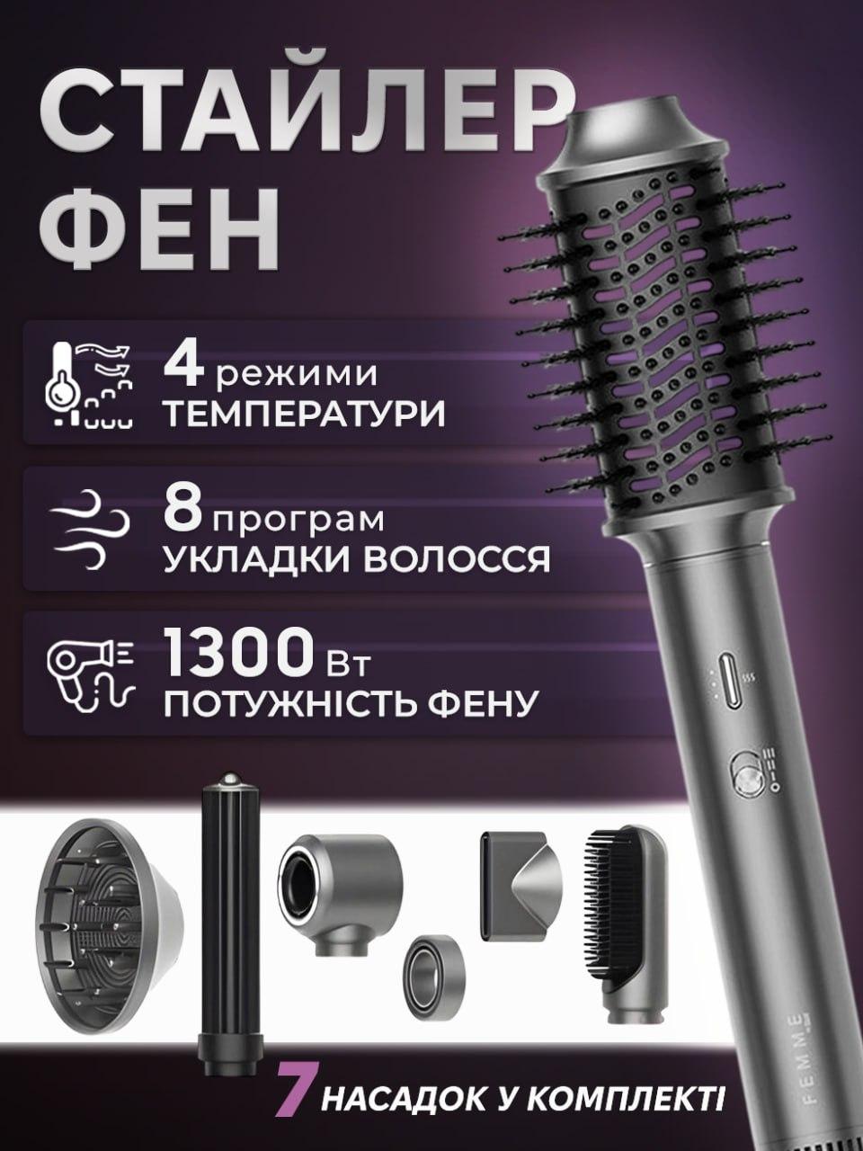 Фен iHunt Femme 7-в-1 HD4 Pro — 1300 Вт, іонізація, 8 програм, 7 насадок, магнітна система, легкий корпус, сумка для зберігання, фото 1