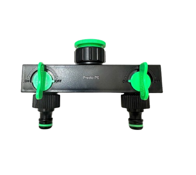 Розподільник на 2 виходи з різьбою 3/4", 1" ВР, зі стартовими адаптерами для садових шлангів, Presto-PS