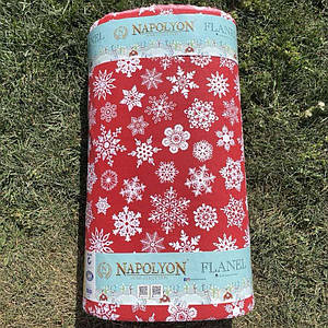 Фланелева тканина новорічна, білі сніжинки на червоному (шир. 2,4 м) (FL-N-0450)