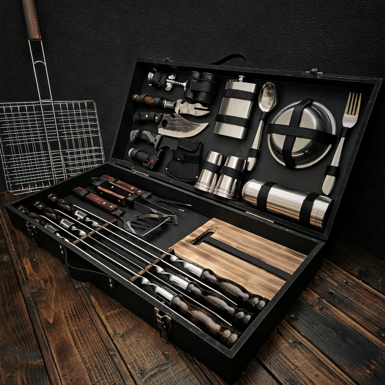 Набір шампурів для пікніка в дерев'яному кейсі "Грізлі Браун" + безкоштовна доставка та гравіювання, фото 1