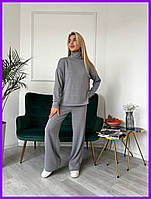 Жіночий теплий костюм з ангорки з високим коміром оверсайз мінімалізм широкі штани чорний 42-46