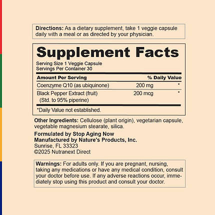 (уцінка термін по 1,26) Коензим Stop Aging Now MAX-Q10 CoQ10 and Black Pepper Extract 200 мг 30 капс., фото 2