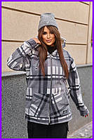 Жіноча флісова куртка з капюшоном на овчині в клітку тепла вулична зимова демісезон блакитна 40-58