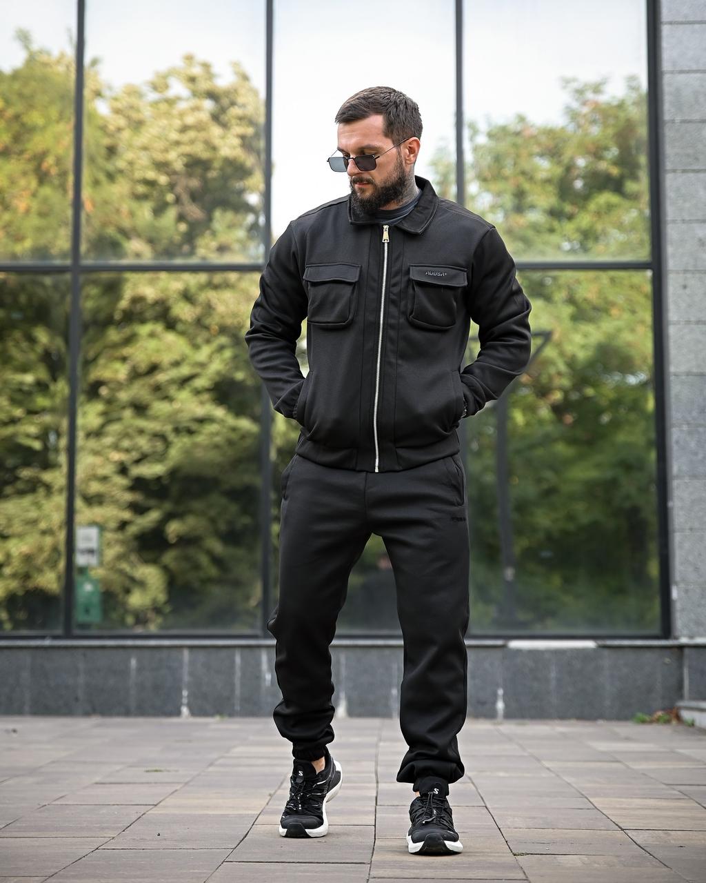 Чоловічий чорний спортивний костюм на флісі, осінній чорний костюм тринитка, чоловічий зимовий костюм на блискавці, eqy jdm zou - фото 1 - id-p2787137040