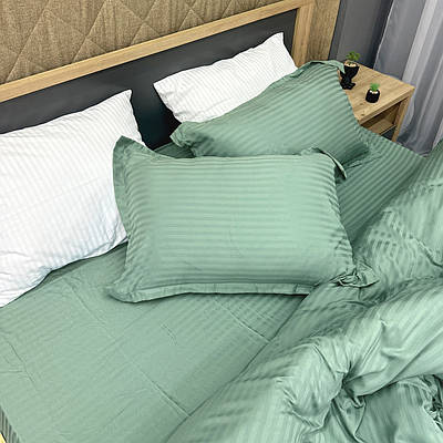 Комплект постільної білизни Страйп-сатин Двоспальний 180х220 з простирадлом на резинці 160х200х25 М'ятний (88-173)