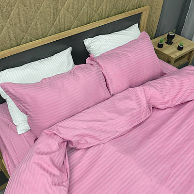 Комплект постільної білизни Страйп-сатин Євро 200х230 з простирадлом на резинці 180х200х25 Рожевий (88-180)