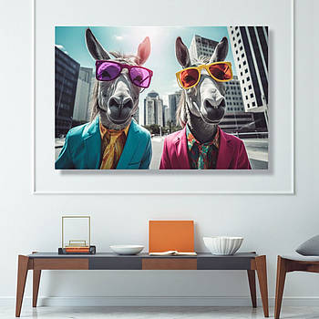 Картина на полотні Осел у костюмі – креативний арт з тваринами у стильних образах, яскравий сучасний декор 60х40 см