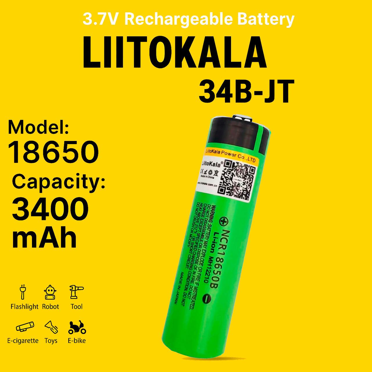 Акумулятор літій-іонний LiitoKala 18650 3400mAh 3.7V — батарея, що перезаряджається, для ліхтарів і повербанків, фото 1