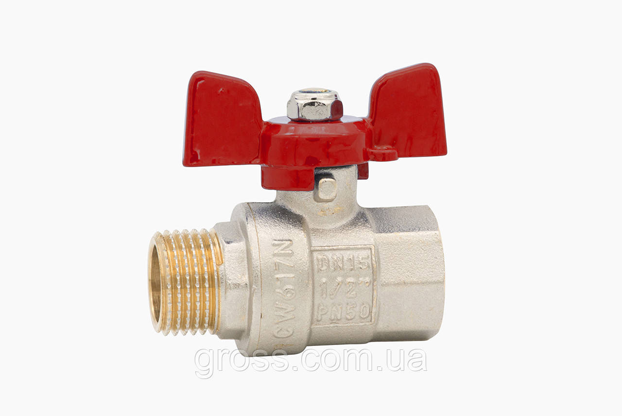 Кран кульовий ГРОСС OPTIMAL 15 1/2” метелик, З-В, червоний (латунь), фото 1