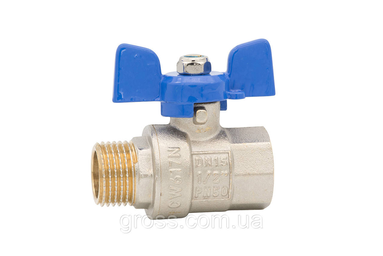 Кран кульовий ГРОСС 15 1/2” метелик, З-В, синій (латунь), фото 1