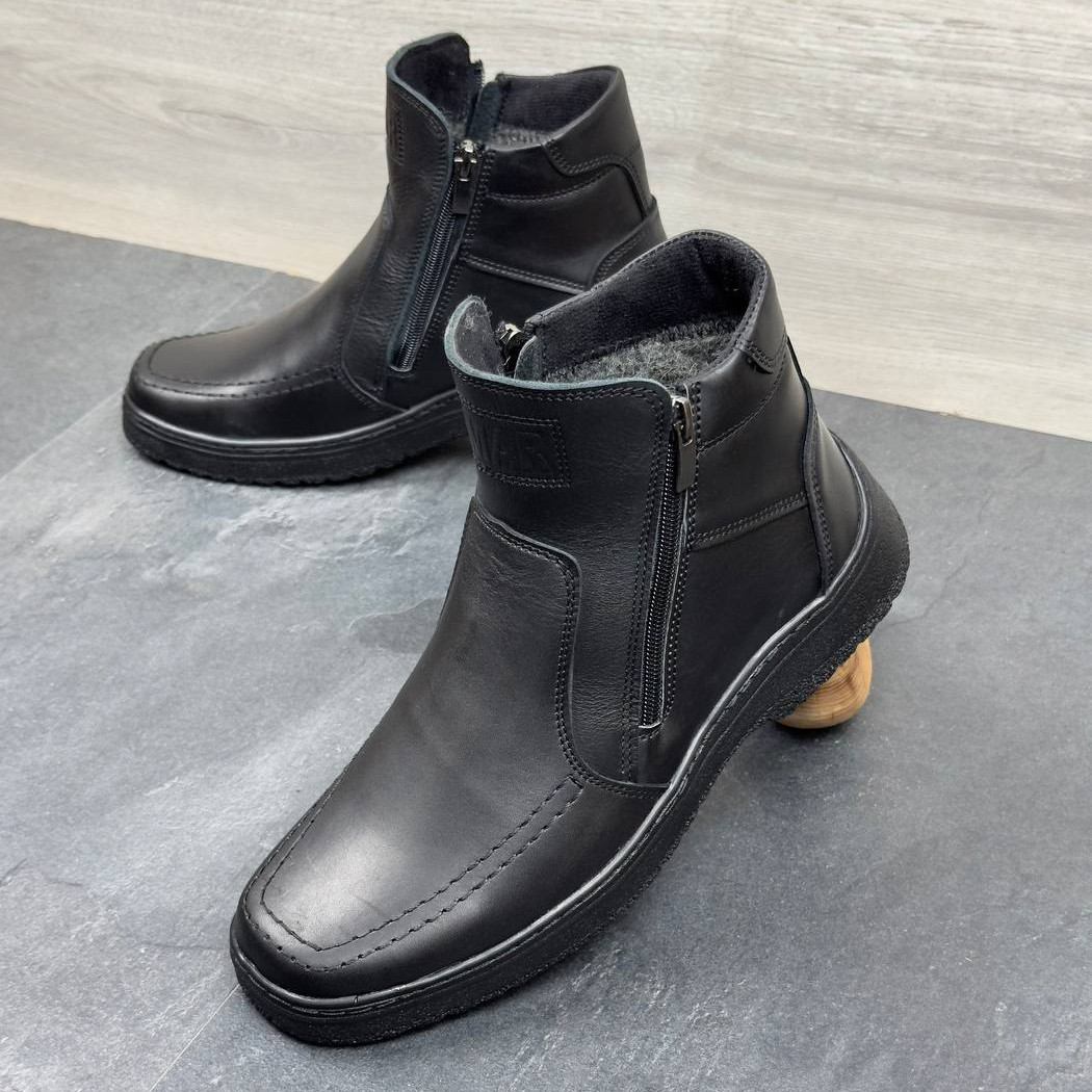Зимові чоловічі шкіряні черевики на блискавці чорні утеплені з натуральної шкіри на хутрі на зиму, розмір 40-45, фото 1