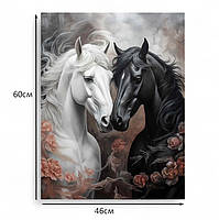 Картина Чорний і Білий Кінь Символічний арт Пара коней із квітами, романтичний декор для дому Друк на полотні 60х46 см, фото 5