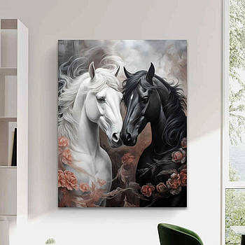 Картина Чорний і Білий Кінь Символічний арт Пара коней із квітами, романтичний декор для дому Друк на полотні 60х46 см