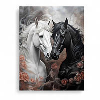 Картина Чорний і Білий Кінь Символічний арт Пара коней із квітами, романтичний декор для дому Друк на полотні 60х46 см, фото 2