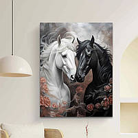 Картина Чорний і Білий Кінь Символічний арт Пара коней із квітами, романтичний декор для дому Друк на полотні 60х46 см, фото 3