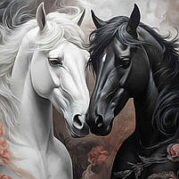 Картина Чорний і Білий Кінь Символічний арт Пара коней із квітами, романтичний декор для дому Друк на полотні 60х46 см, фото 4