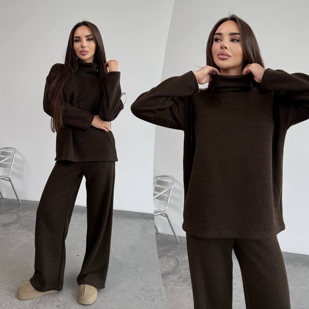 Коричневий теплий жіночий костюм зі щільної трикотажної ангори, фото 1