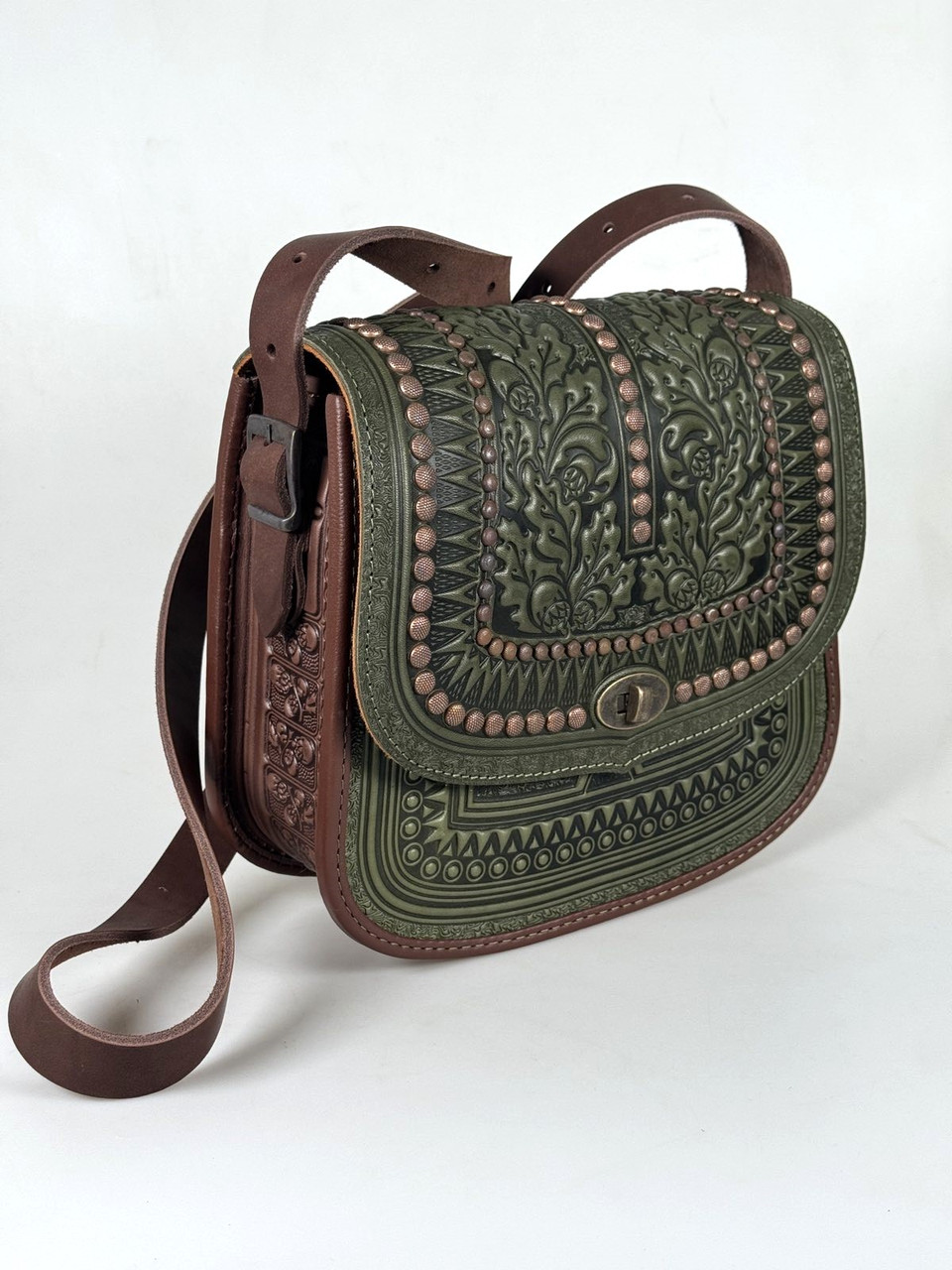 Авторська шкіряна сумка з металом "Дубок" ручної роботи, велика сумка з натуральної шкіри, фото 1