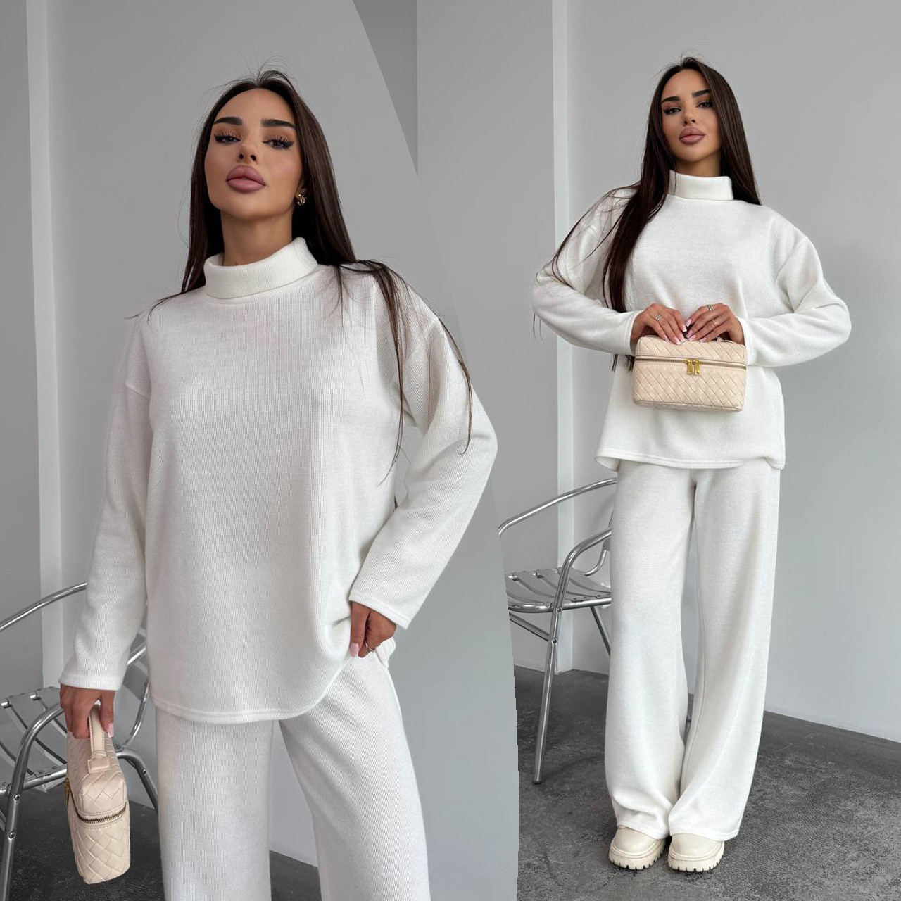 Молочний теплий жіночий костюм зі щільної трикотажної ангори, фото 1
