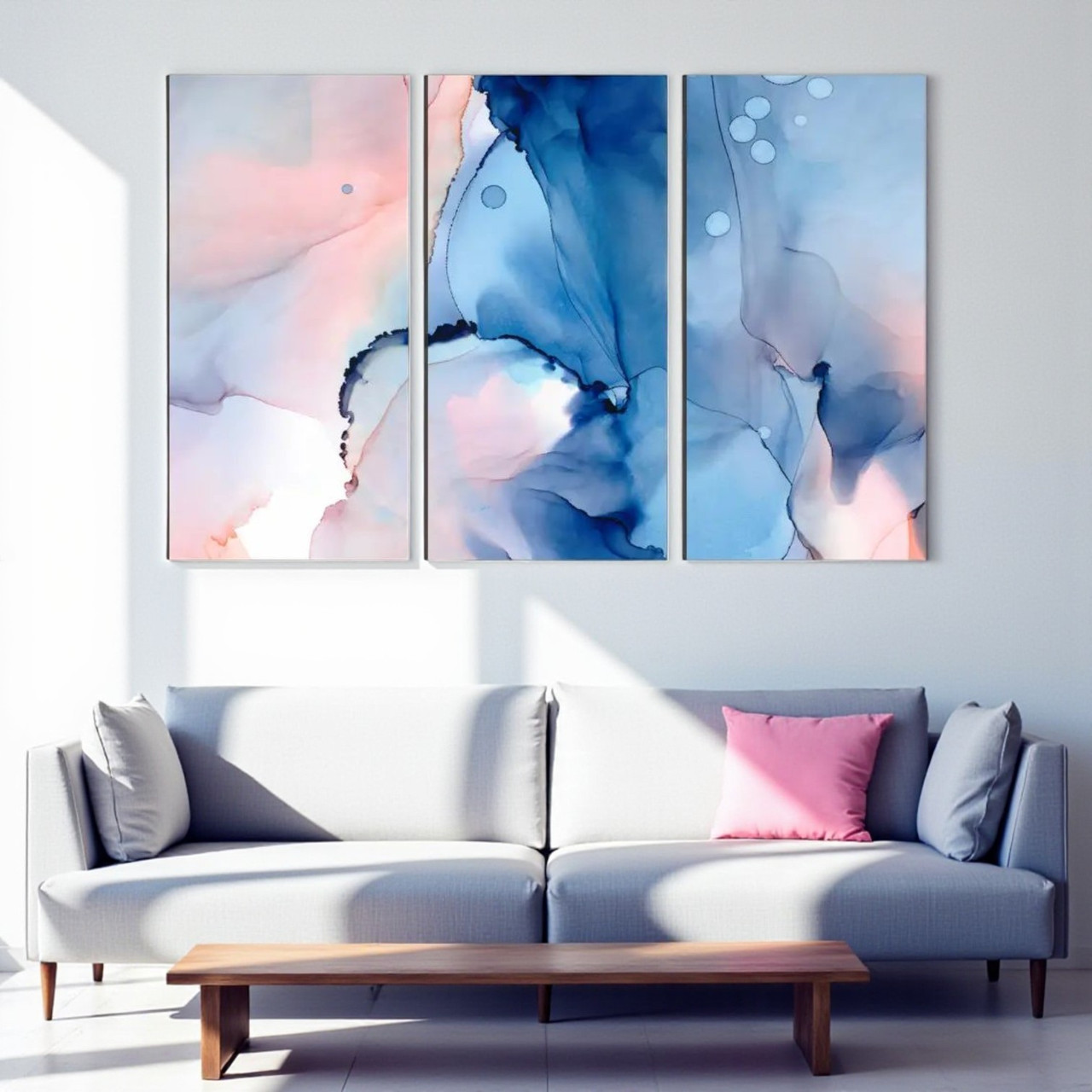 Модульна картина Абстракція акварельна в синьо-рожевих тонах Cучасний триптих на полотні для інтер’єру 90х60 із 3-х частин, фото 1