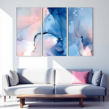 Модульна картина Абстракція акварельна в синьо-рожевих тонах Cучасний триптих на полотні для інтер’єру 90х60 із 3-х частин