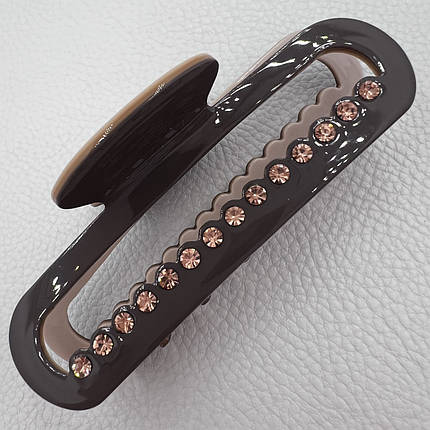 Краб для волос французский пластик глянцевый коричневого цвета с стразами ширина 3.5 см длина 9.5 см, фото 1