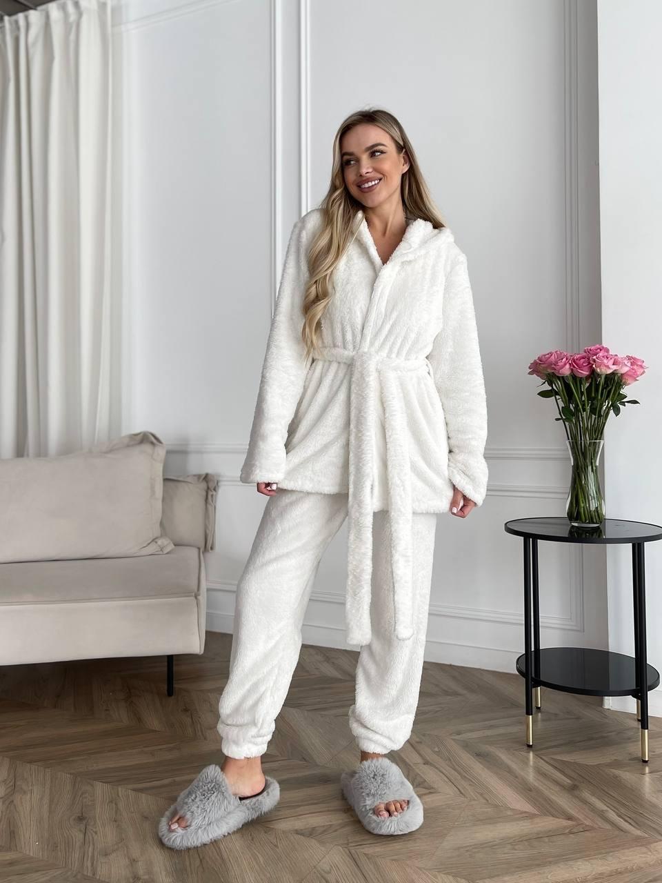 Жіночий домашній МАХРОВИЙ костюм 3в1 Штани+топ+жакет МОЛОЧНИЙ 1633, фото 1