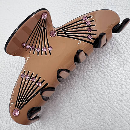 Краб для волос французский пластик глянцевый персикового цвета с узорами и стразами ширина 3 см длина 8.5 см, фото 1