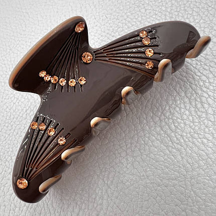 Краб для волос французский пластик глянцевый коричневого цвета с узорами и стразами ширина 3 см длина 8.5 см, фото 1