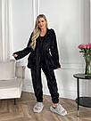 Жіночий домашній МАХРОВИЙ костюм 3в1 Штани+топ+жакет ЧОРНИЙ 1633, фото 2