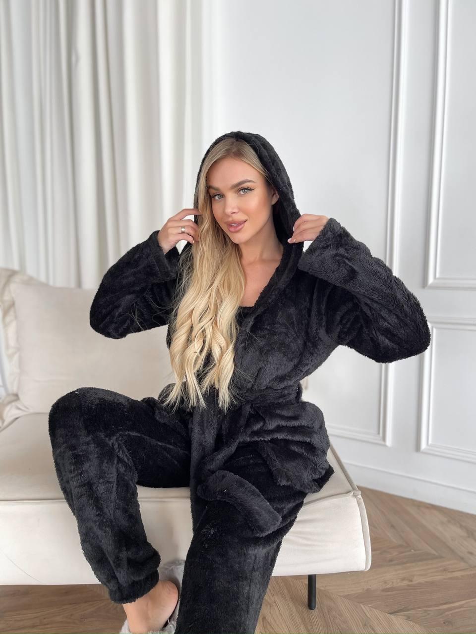 Жіночий домашній МАХРОВИЙ костюм 3в1 Штани+топ+жакет ЧОРНИЙ 1633, фото 1