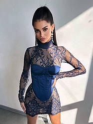 Розкішний жіночий комплект атласний корсет та мереживна міні-сукня Smb9488