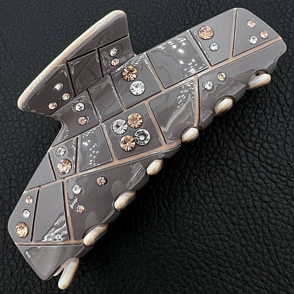 Краб для волос прочный пластик глянцевый цвет каппучино с узорами и переливающимися стразами ширина 3.5 см длина 9 см, фото 1