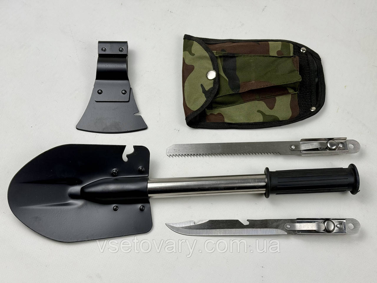 Туристичний набір 4 в 1 лопатка, ніж, пила, сокира, фото 1