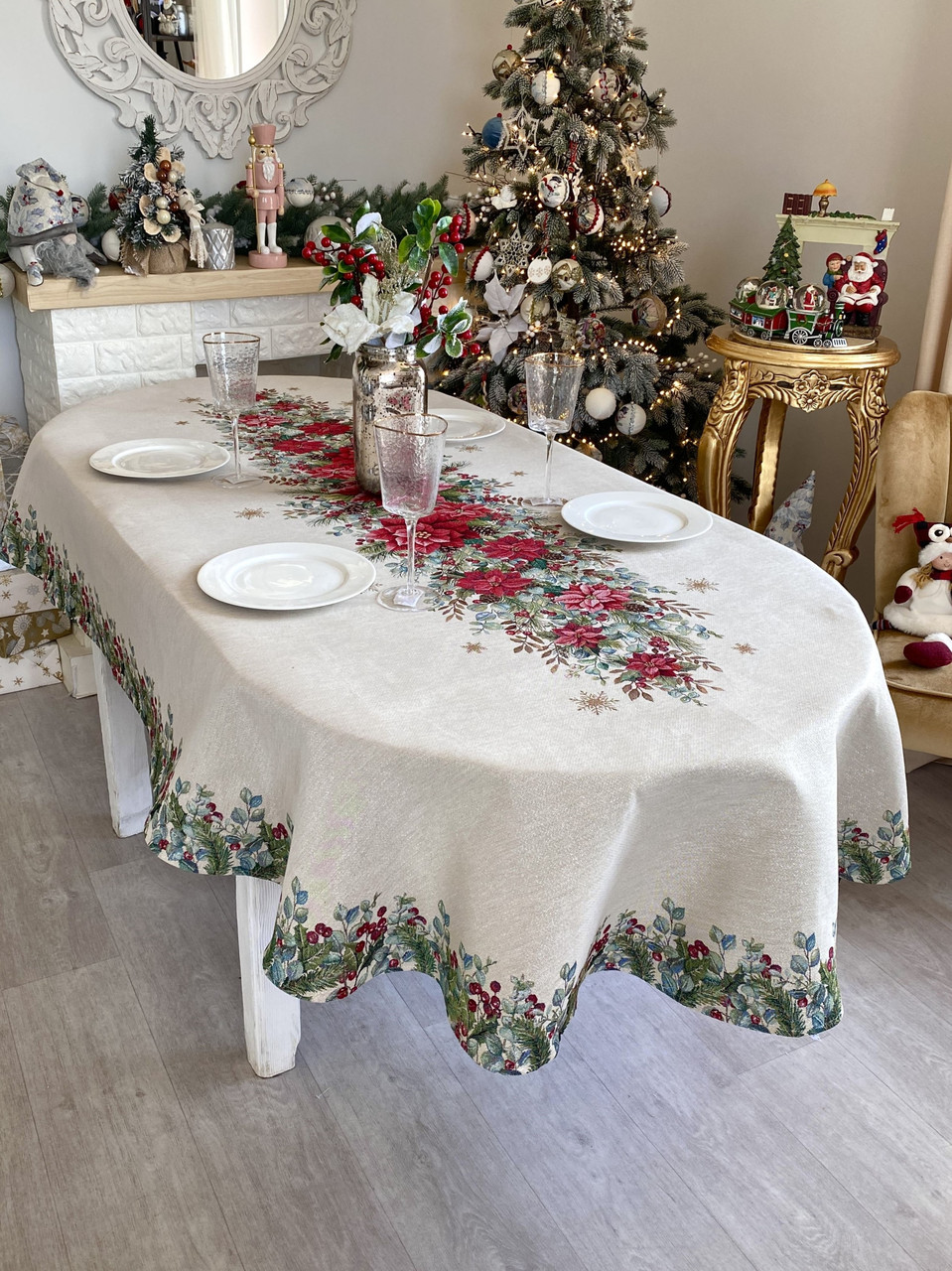 Новорічна скатертина 137х240 см. на овальний стіл  гобеленова RUNNER1391NA, фото 1
