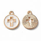 Підвіски Плоскі Круглі Хрест, Сплав і Емаль, Біла емаль, Світле Золото, 15х12х1.5 мм, Отвір 1.6 мм, 20 шт, фото 6