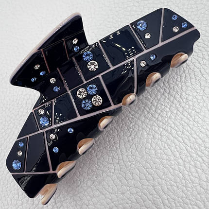 Краб для волос прочный пластик глянцевый синего цвета с узорами и переливающимися стразами ширина 3.5 см длина 9 см, фото 1