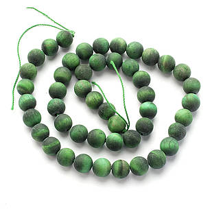 Бусини Натуральний Тигровий Око, Морозний Стиль, На нітях, Круглі, Термоофарбовані, Зелений, 8 мм, Відв.1.2 мм