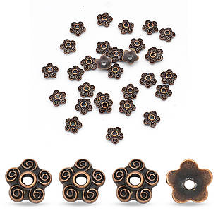 Шапочки для Бусин, Металеві, Квітка, Мідь, 10х4мм, Отвір. 2 мм, (30 шт.)