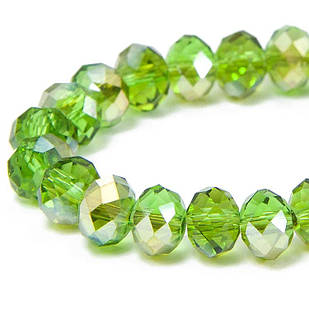 Бусини Скло, АВ-Квіт, Гранені, Рондель, Зелений, 6х4мм, Відв. 1 мм, ~100 шт./46 см/нитка, 1 нить