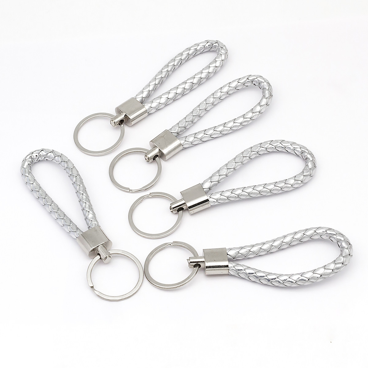 Основа для Брелоків, Шнур шкіряний, Колір: Срібло, Розмір: 115-125x15.5мм, Кільце: 30x2мм, Провід: 6-7мм, 5 шт, фото 1