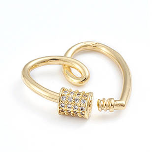 Карабін Латунь і Фіаніти, Серце, Покриття Золото 18К, Розмір 26.5x27x4мм, (1шт)