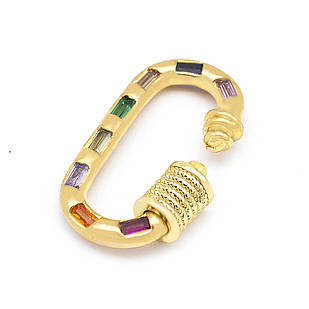 Карабін Латунь і Фіаніти, Овал, Стійке Покриття Золото 18К, Розмір: 23.5x13.5x3мм, (1шт)